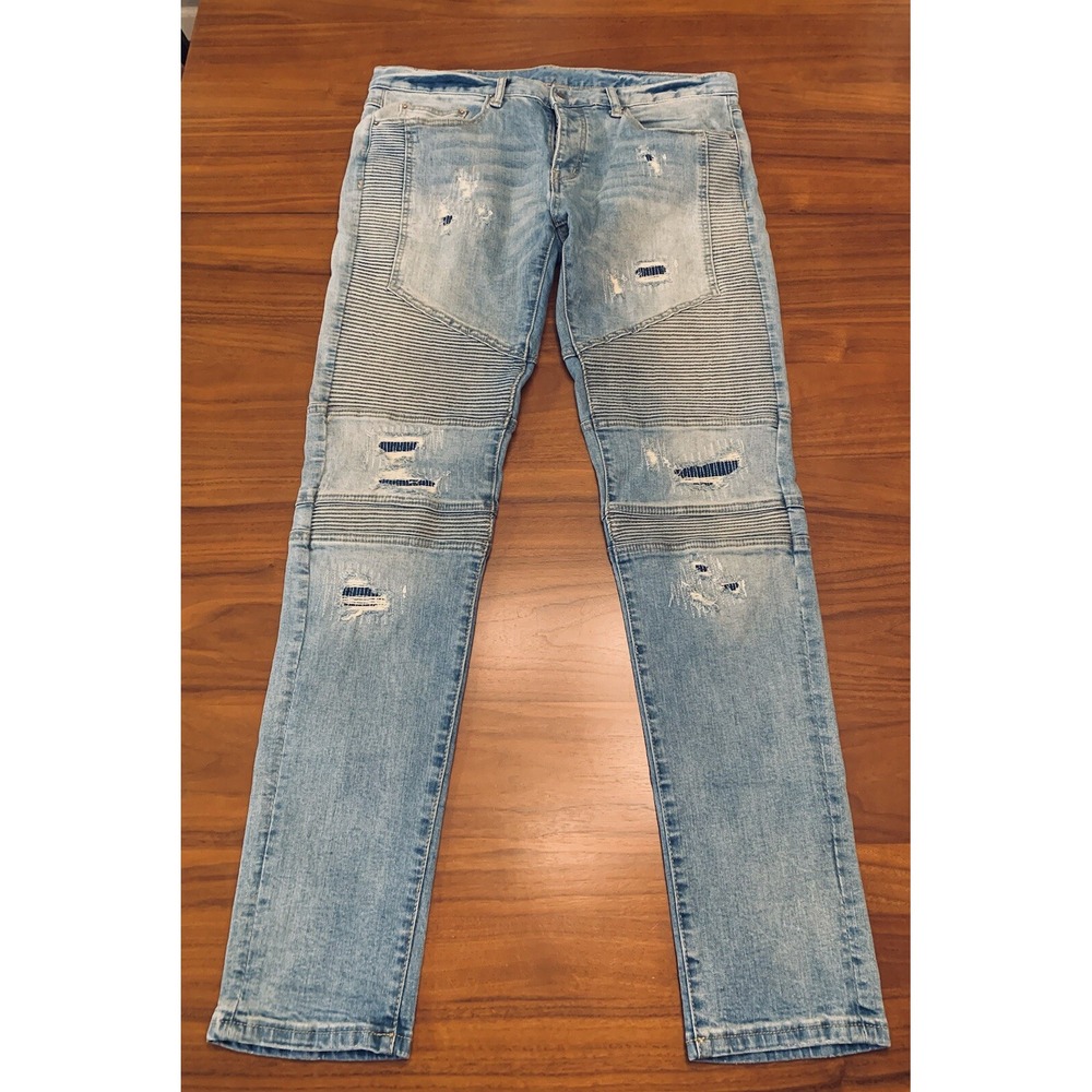 MNML Jeans Mens 34 Skinny Slim Distressed Denim Moto Biker Double Knee 34x33 Blu